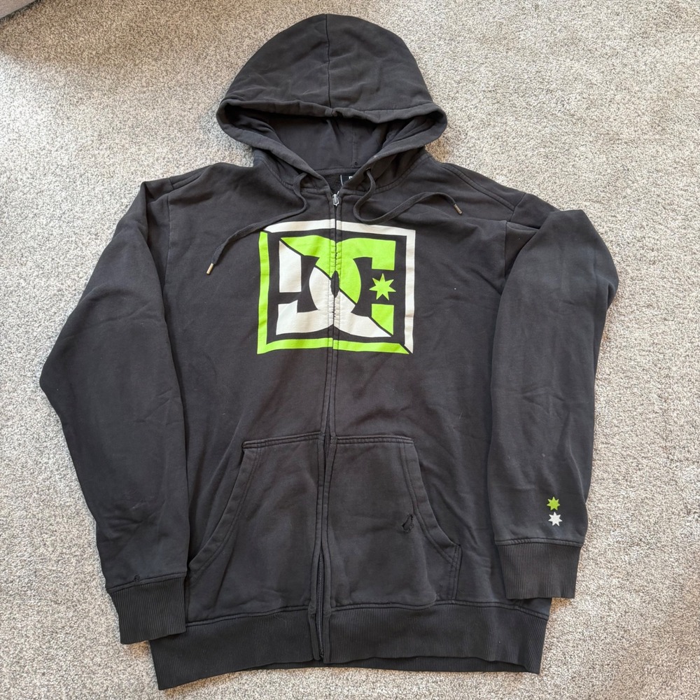 Y2K DC Shoes Mens Zip Up Hoodie Black Lime Logo Skater Sweatshirt L Distressed